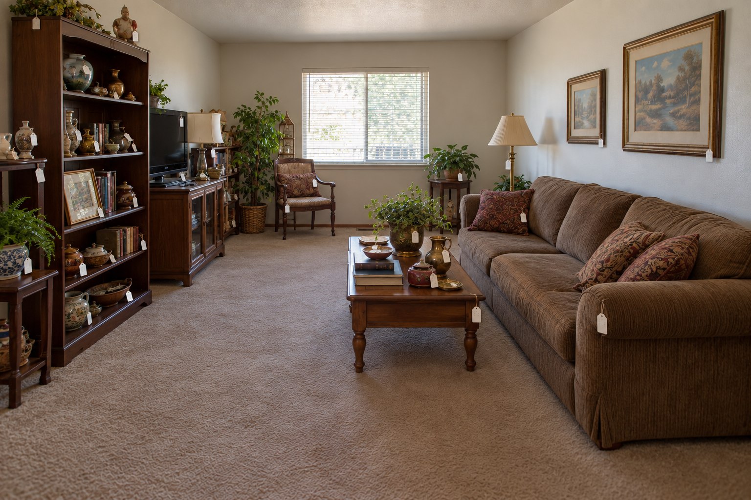The same living room cleaned and staged for an estate sale with small price tags