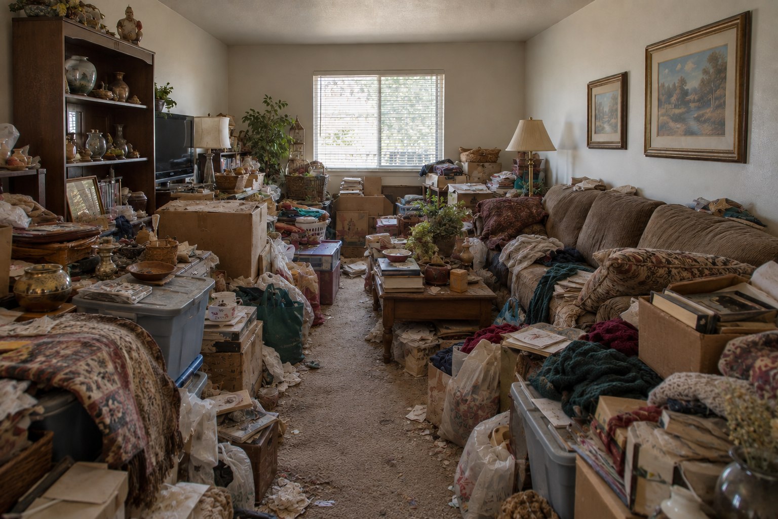 A crowded living room with many household items and boxes